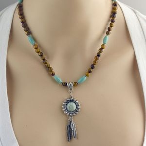 Tiger Eye & Turquoise Feather Necklace Set